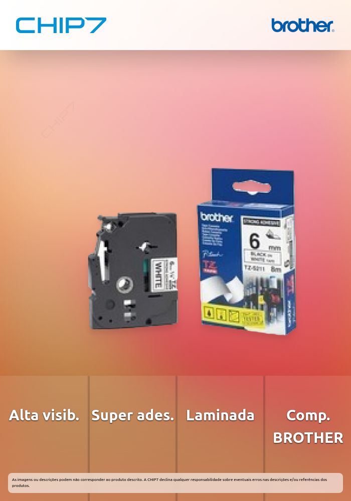 Fita BROTHER Laminada Super Adesiva c/ texto Preto e fundo Branco 6mm x 8m