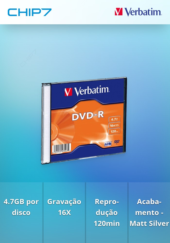 VERBATIM DVD-R 16X 4.7GB 120MIN MATT SILVER CAIXA SLIM UNITARIO