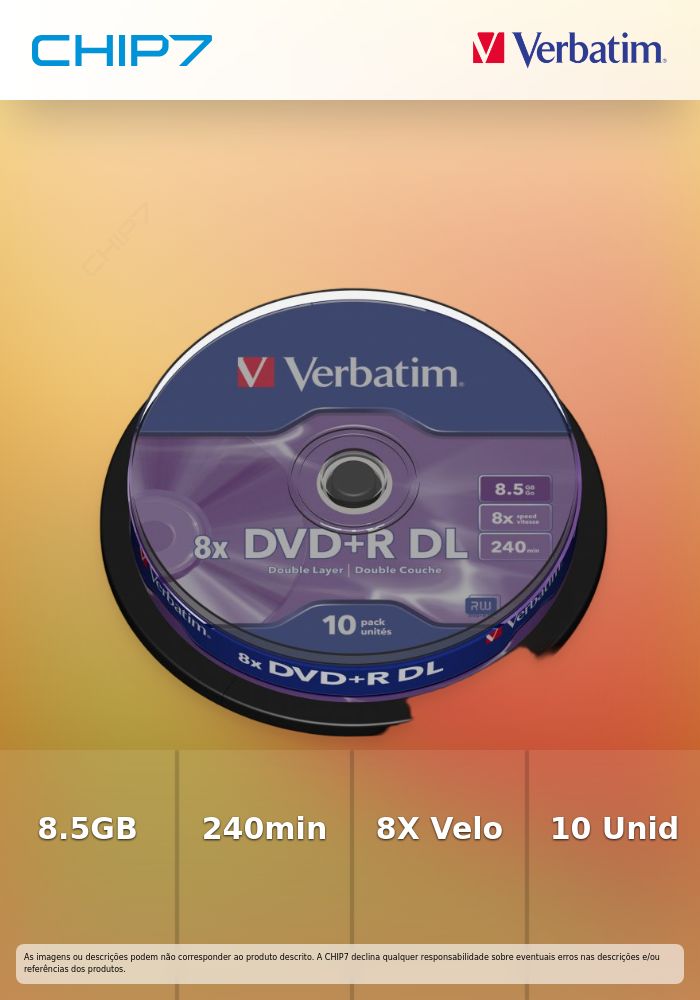 VERBATIM DVD+R 8X 8.5GB 240MIN DOUBLE LAYER BOBINE (CAKE) PACK 10