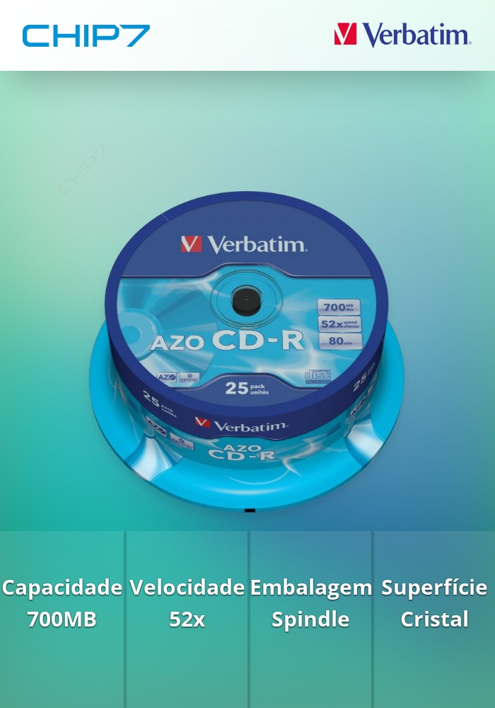VERBATIM CD-R 52X 700MB 80MIN AZO BOBINE (CAKE) PACK 25