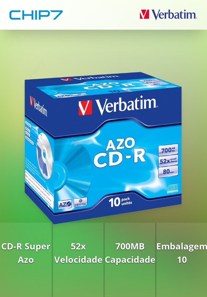 VERBATIM CD-R 52X 700MB 80MIN CAIXA NORMAL (JEWEL) PACK 10