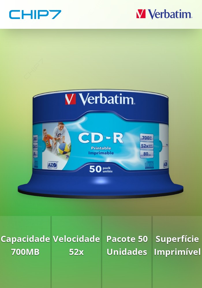 VERBATIM CD-R 52X 700MB 80MIN INKJET PRINT BOBINE (CAKE) PACK 50