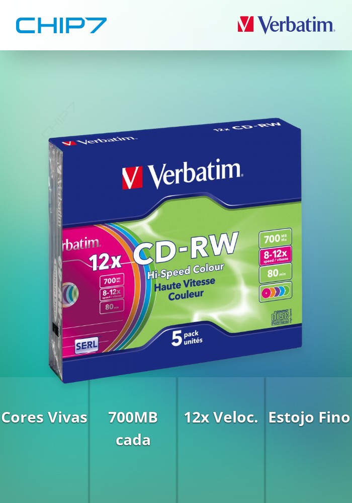VERBATIM CD-RW 8X-12X 700MB 80MIN CAIXA SLIM COLOUR PACK 5