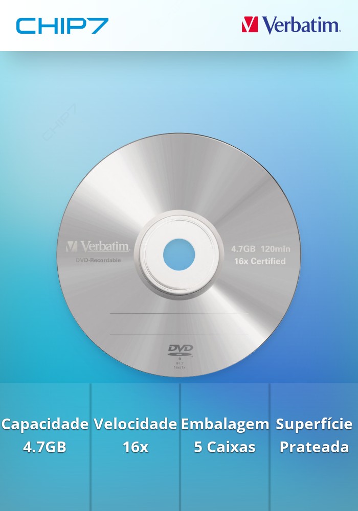 VERBATIM DVD-R 16x 4,7GB 120MIN MATT SILVER CAIXA NORMAL (JEWEL) PACK 5