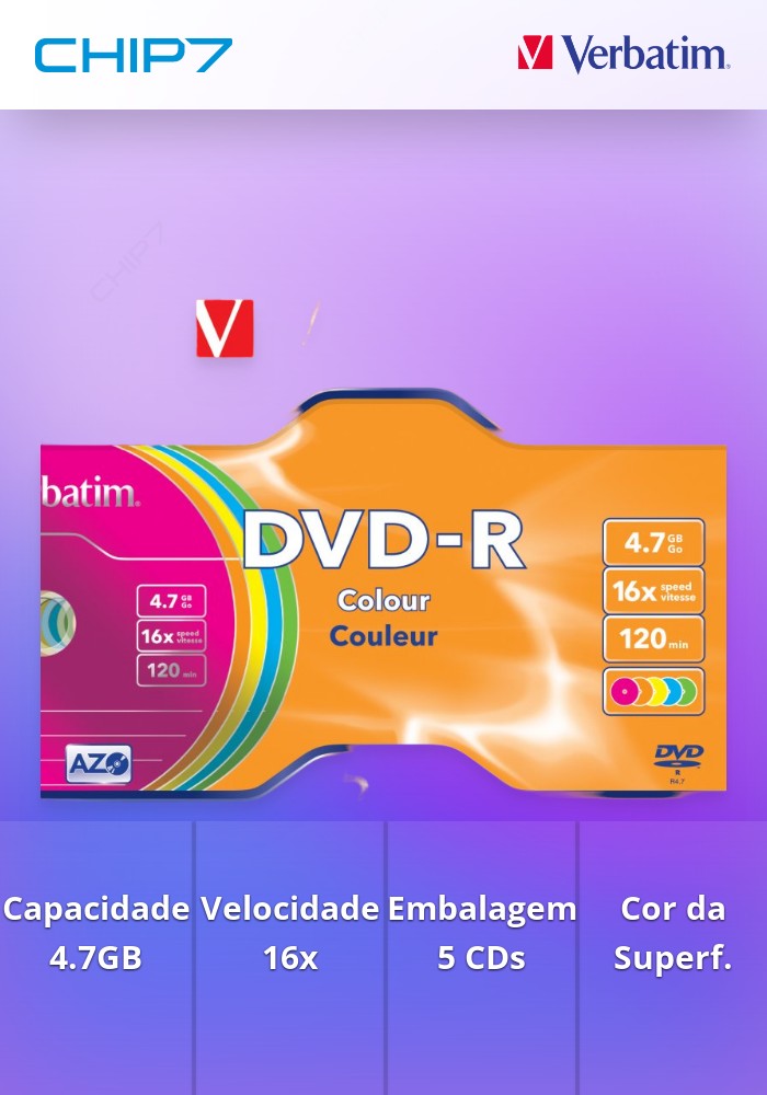 VERBATIM DVD-R 16X 4.7GB COLOUR CAIXA SLIM PACK 5