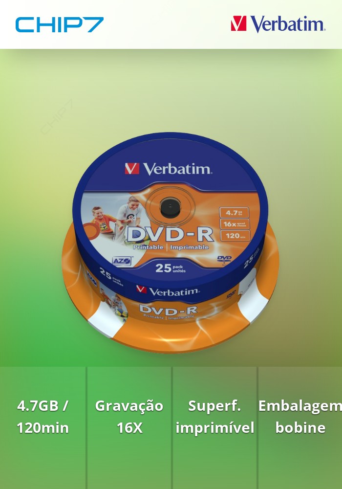 VERBATIM DVD-R 16X 4.7GB 120MIN INKJET PRINT BOBINE (CAKE) PACK 25