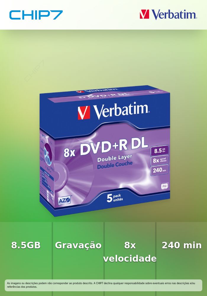 VERBATIM DVD+R 8X 8.5GB 240MIN DOUBLE LAYER CAIXA NORMAL (JEWEL) PACK 5