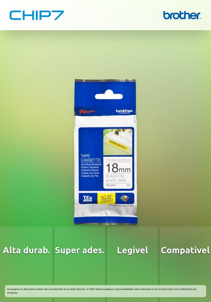 Fita BROTHER Laminada Super Adesiva c/ texto Preto e fundo Branco 18mm