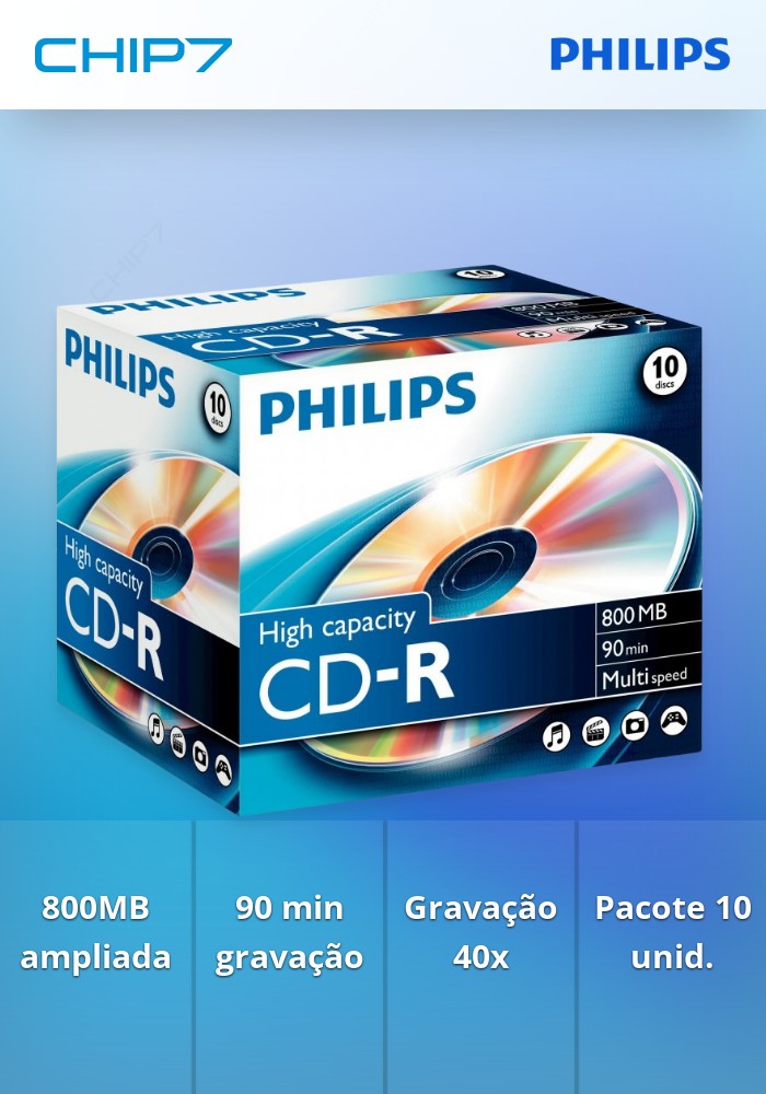 Philips CD-R 90Min 800MB 40x Jewel Case (10 unidades) | CHIP7