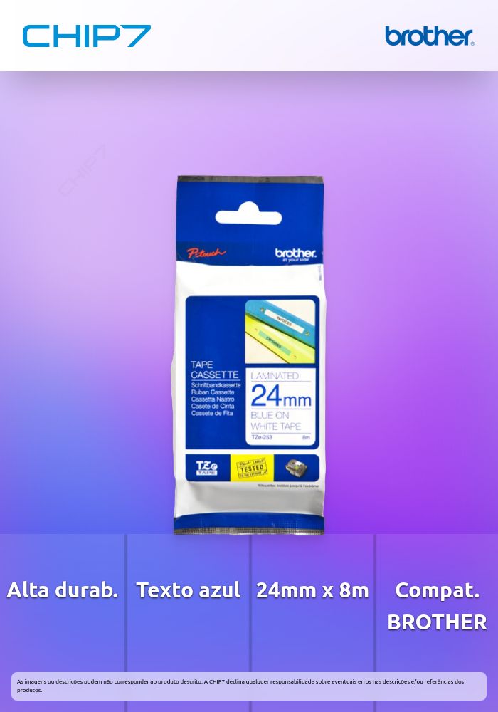 Fita BROTHER Laminada c/ texto Azul e fundo Branco 24mm x 8m