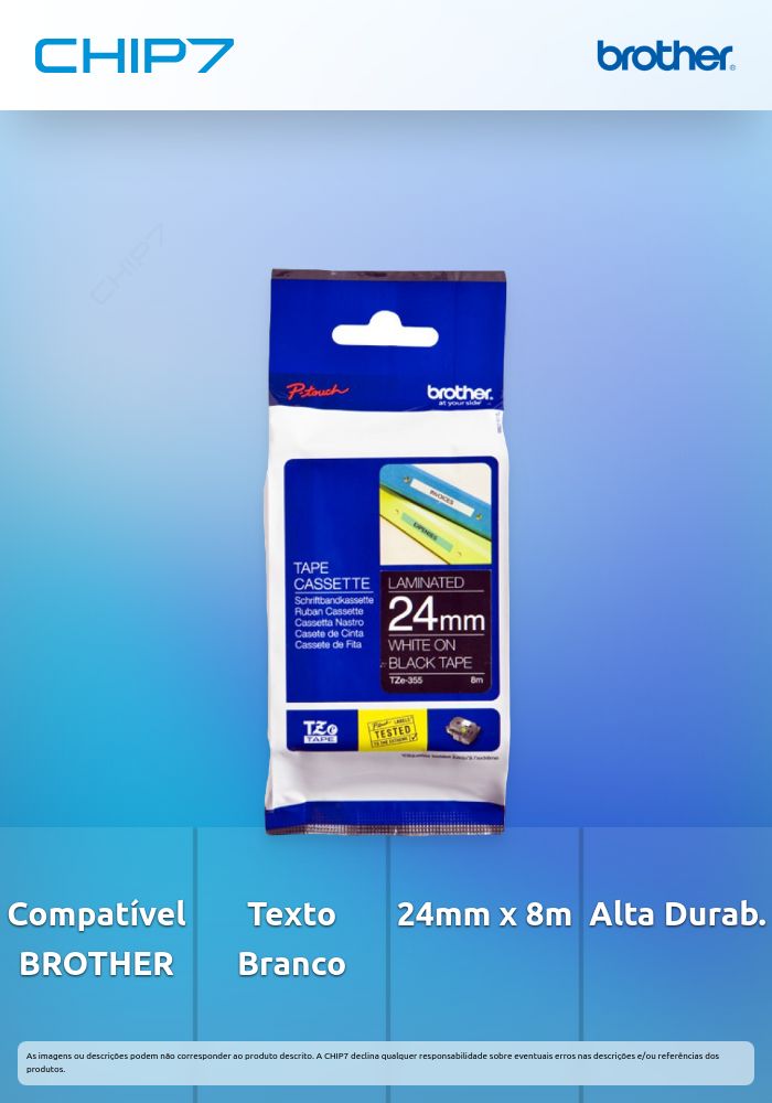 Fita BROTHER Laminada c/ texto Branco e fundo Preto 24mm x 8m