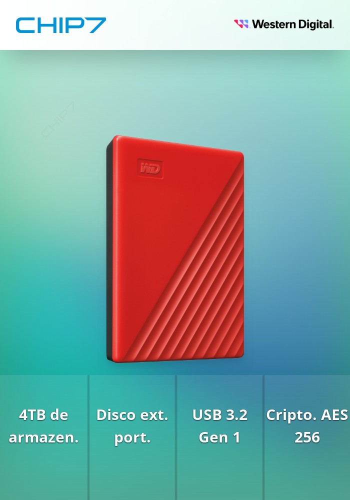 WD My Passport WDBPKJ0040BRD - Disco rígido - encriptado - 4 TB - externa (portátil) - USB 3.2 Gen 1 - 256-bits AES - vermelho