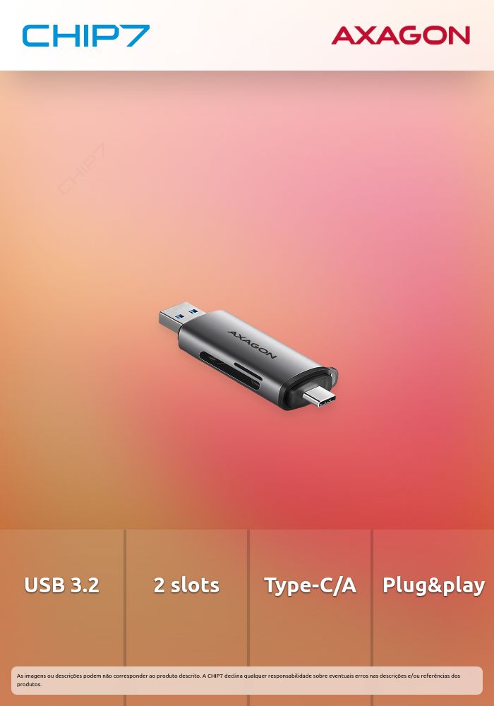 Leitor de cartões AXAGON CRE-SAC External USB 3.2 Gen1 Type-C+Type-A 2-slot SD/microSD