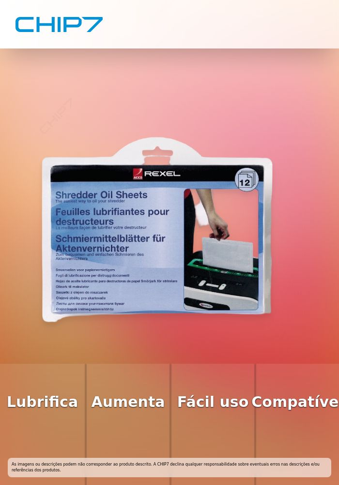 Folhas lubrificantes para Destruidora REXEL (12 unidades)