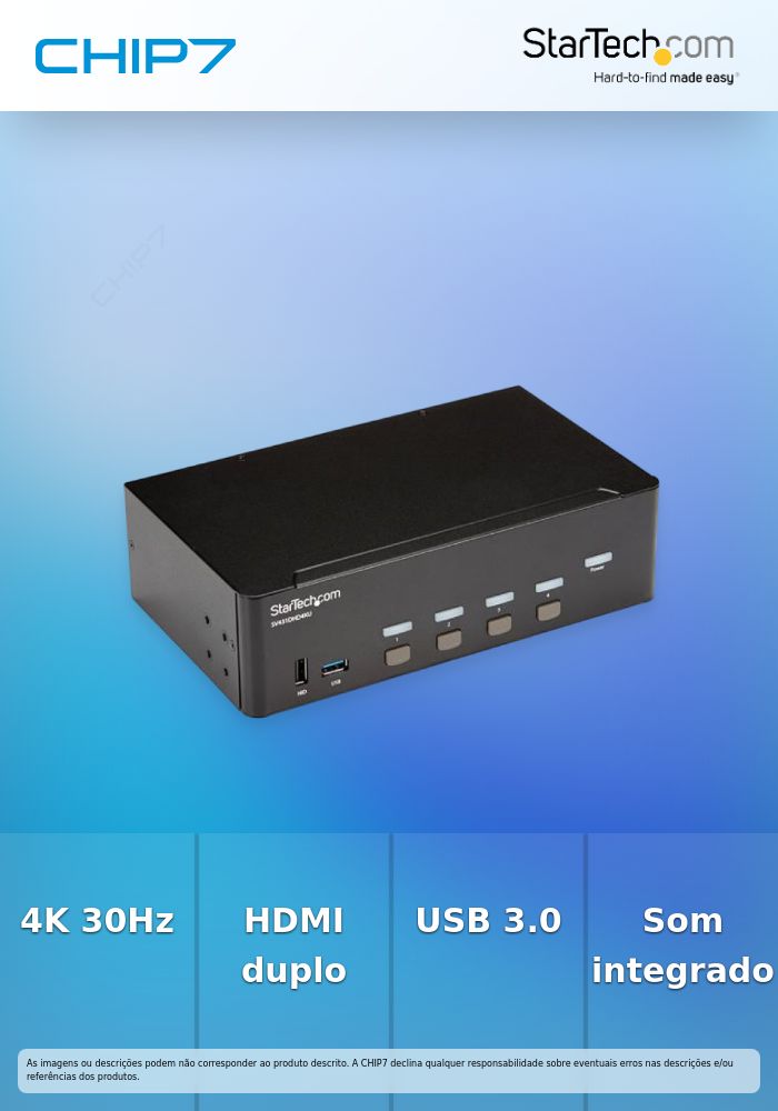 StarTech.com StarTech.com 4-Port Dual Monitor HDMI KVM Switch with Audio & USB 3.0 hub - 4K 30Hz - 4 PC Mac Computer KVM Switch Box for HDMI Display (SV431DHD4KU) - Chave de KVM / áudio / USB - 4 x KVM / áudio / USB - montável em trilho