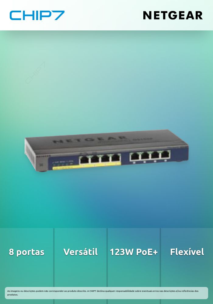 NETGEAR GS108PP - Interruptor - 8 x 10/100/1000 (PoE+) - desktop, montável em trilho, montável na parede - PoE+ (123 W) - alimentação DC