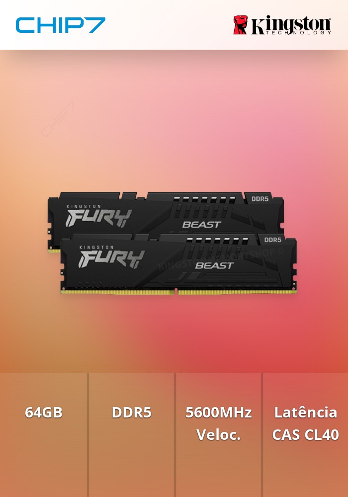Memória RAM Kingston Fury Beast 64GB (2x32GB) DDR5 5600Mhz CL40 Preto