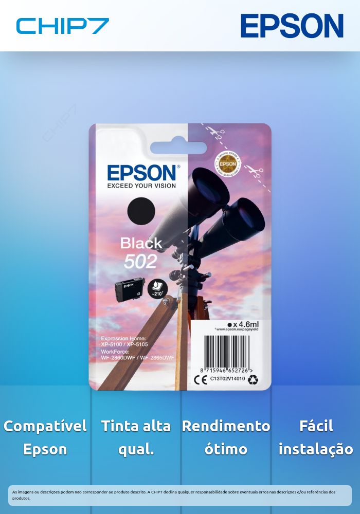 EPSON TINTEIRO PRETO 502 XP5100/105 WF-2860DWF/865DWF C/ALARME
