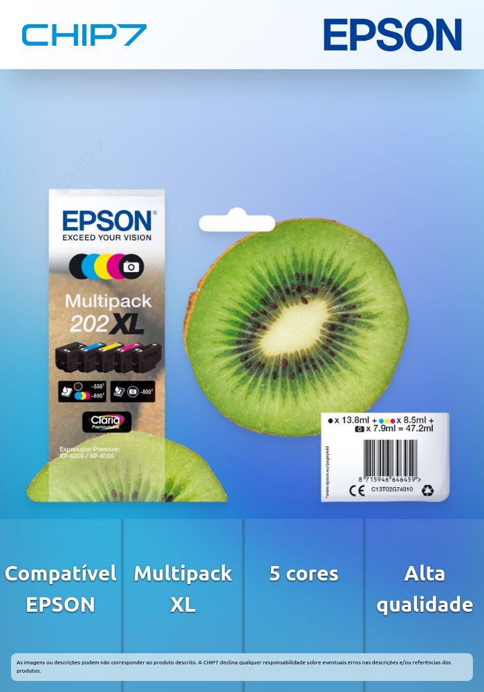 Tinteiro EPSON 202 Multipack 5 Cores XL - XP-6000/5/6100/5
