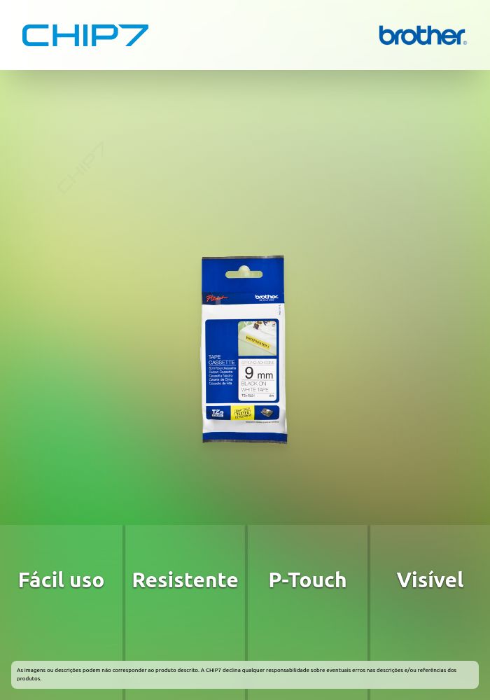 Fita Laminada de 9mm, comprimento 8m - Branco/Preto (super-adesiva) para P-Touch