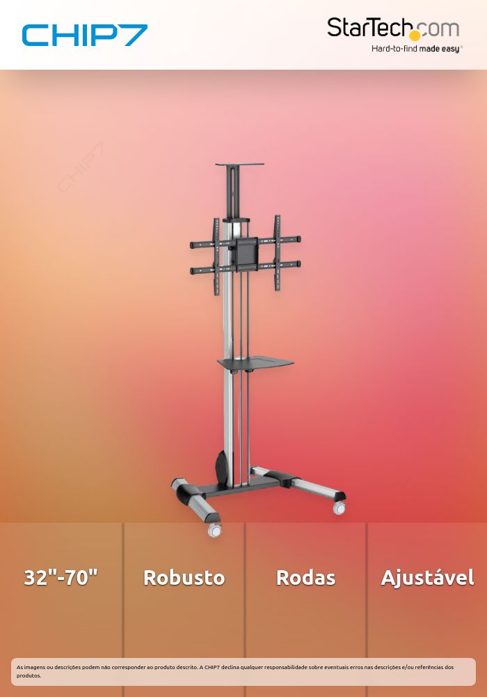 StarTech.com Heavy Duty Rolling Portable TV Cart Stand with Wheels - 32 to 75 inch - Adjustable Rotating Mobile Flat Panel Screen Mount (STNDMTV70) - Carrinho - para painel liso - plástico, alumínio, aço - preto, prata - tamanho de tela: 32