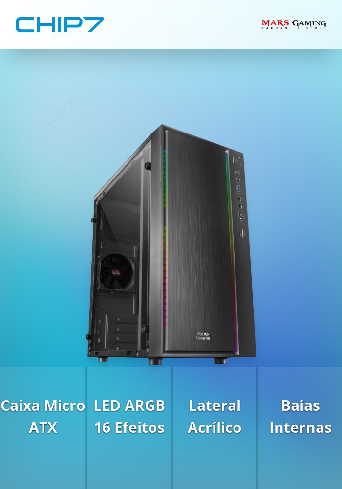 CAIXA MICRO-ATX MARSGAMING MCM , COMPACT, WINDOW, 16 MODES A-RGB, 1X 8CM FAN, BLACK - MCM