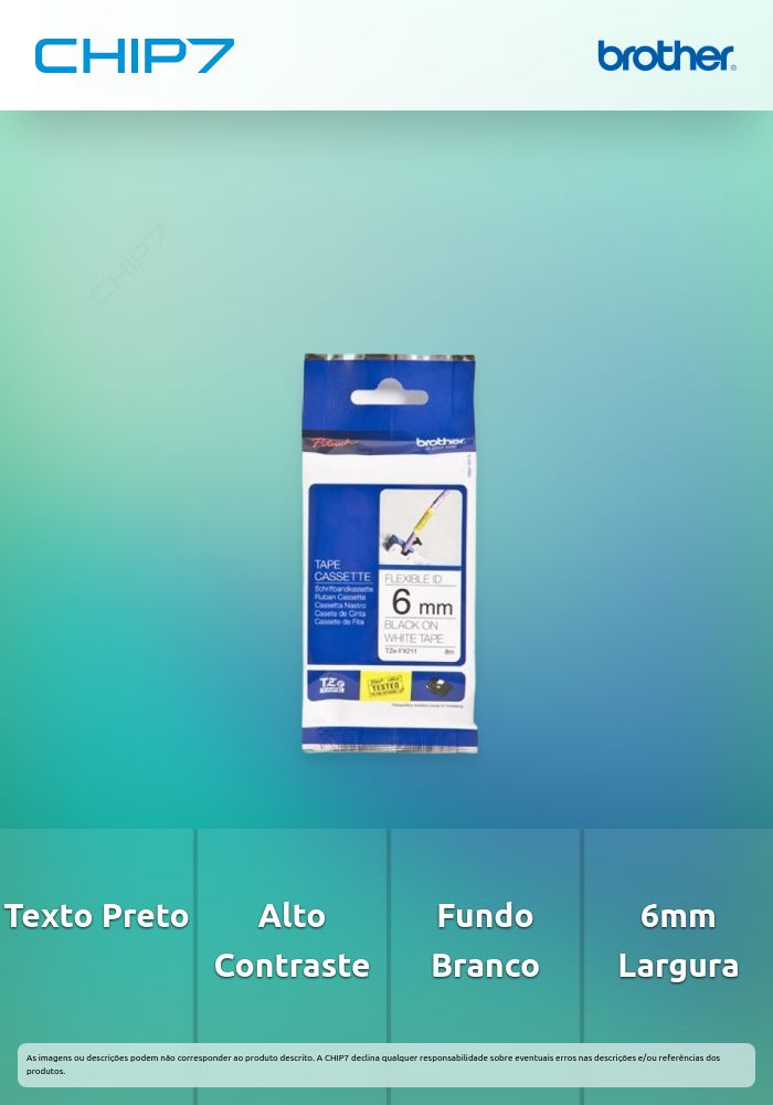 Fita laminada flexível - Texto preto sobre fundo branco. Largura: 6 mm. Comprimento: 8m