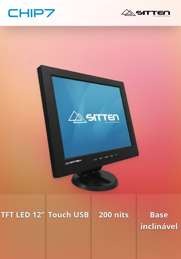 Sitten LCD121T - Monitor TFT LED 12” Touch, USB, 200 nits, 8msec, Base de plástico inclinável. 800x600.
