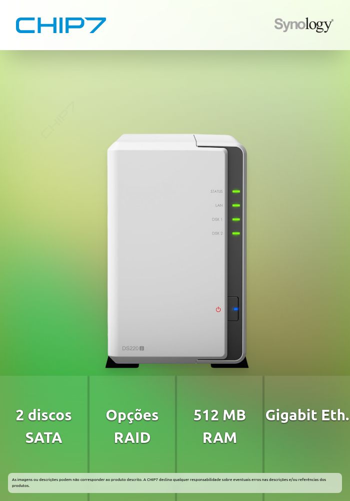 NAS Synology Disk Station DS220j - 2 Baías - 1.4GHz 4-core | CHIP7