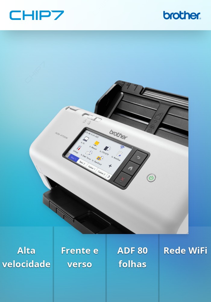 ADS-4700W - Scanner profissional de alta velocidade com digitalização em frente e verso automática - 40fpm/80ppm - ADF 80 folhas - 6.000 folhas/dia - Rede WiFi e cablada - Painel tátil 10,9cm