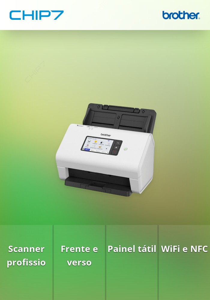 ADS-4900W - Scanner profissional de alta velocidade frente e verso com painel tátil, rede cablada, WiFi e NFC, Velocidade 60fpm/120ppm - ADF 100 folhas - 9.000 folhas/dia - Rede WiFi e cablada - Painel tátil 10,9cm