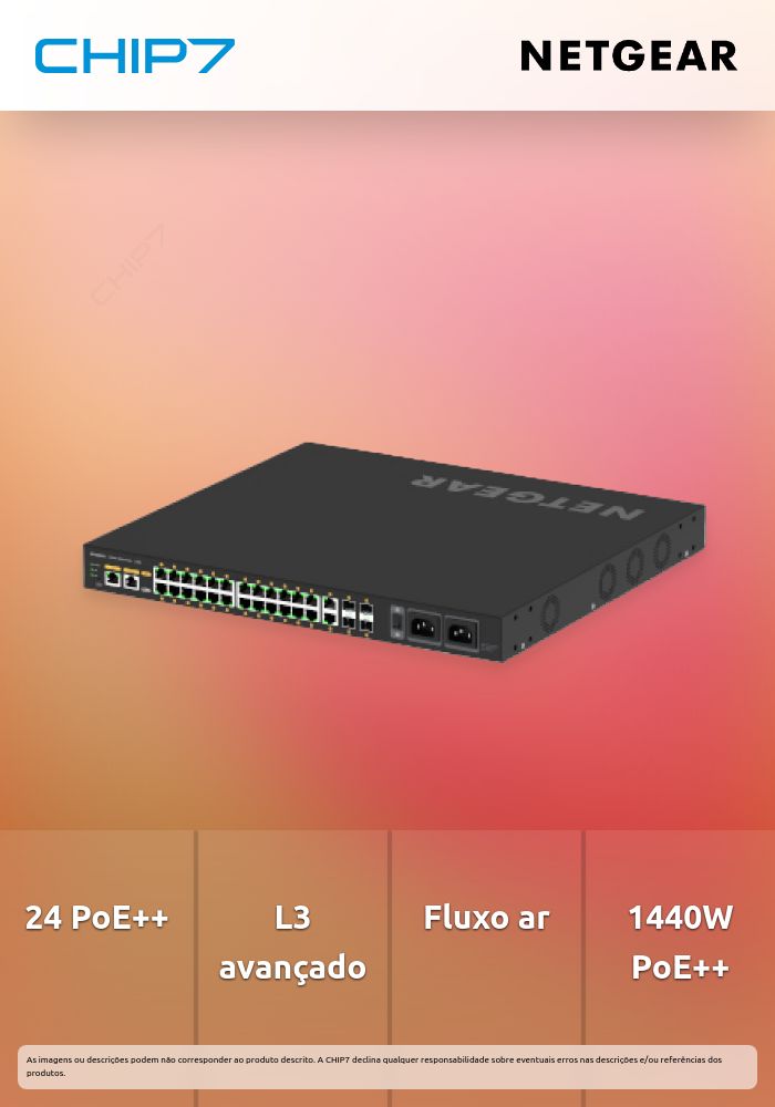 NETGEAR AV Line M4250-26G4F-PoE++ - Interruptor - L3 - Administrado - 24 x 10/100/1000 (PoE++) + 2 x 10/100/1000 + 4 x 1000Base-X SFP - fluxo de ar lado para lado - montável em trilho - PoE++ (1440 W)