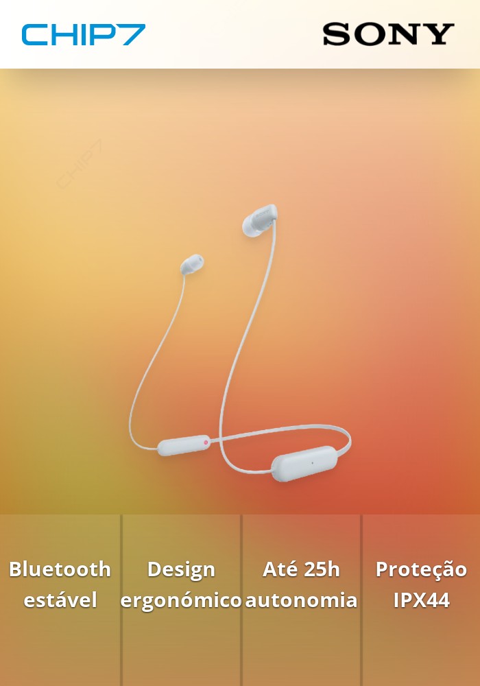 WIC-100W - Auriculares In Ear Bluetooth. O cabo assenta confortavelmente à volta do pescoço. Até 25h de autonomia. Classificação IPX44  e compatível com a app Sony. Headphones Connect. Cor : Branco
