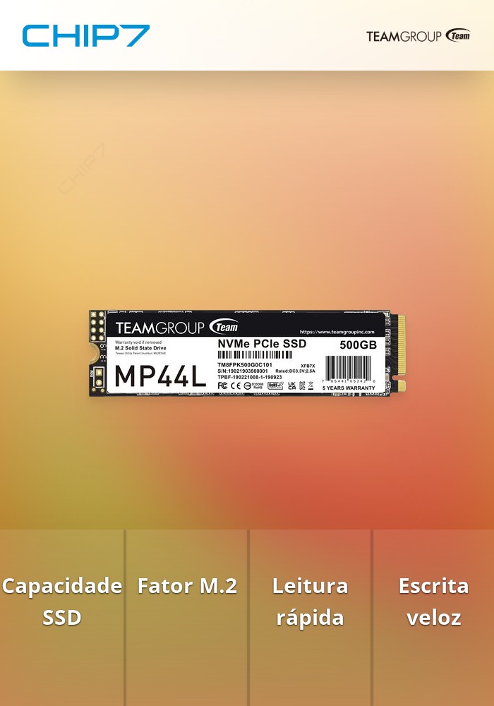 SSD M.2 PCIe 4.0 NVMe Team Group 500GB MP44L-5000R/3700W c/dissipador Grafeno