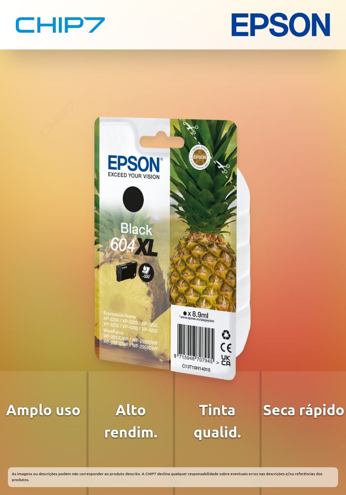 EPSON TINTEIRO PRETO 604XL XP2200/05/3200/05/4200/05/WF2910/30/35/50