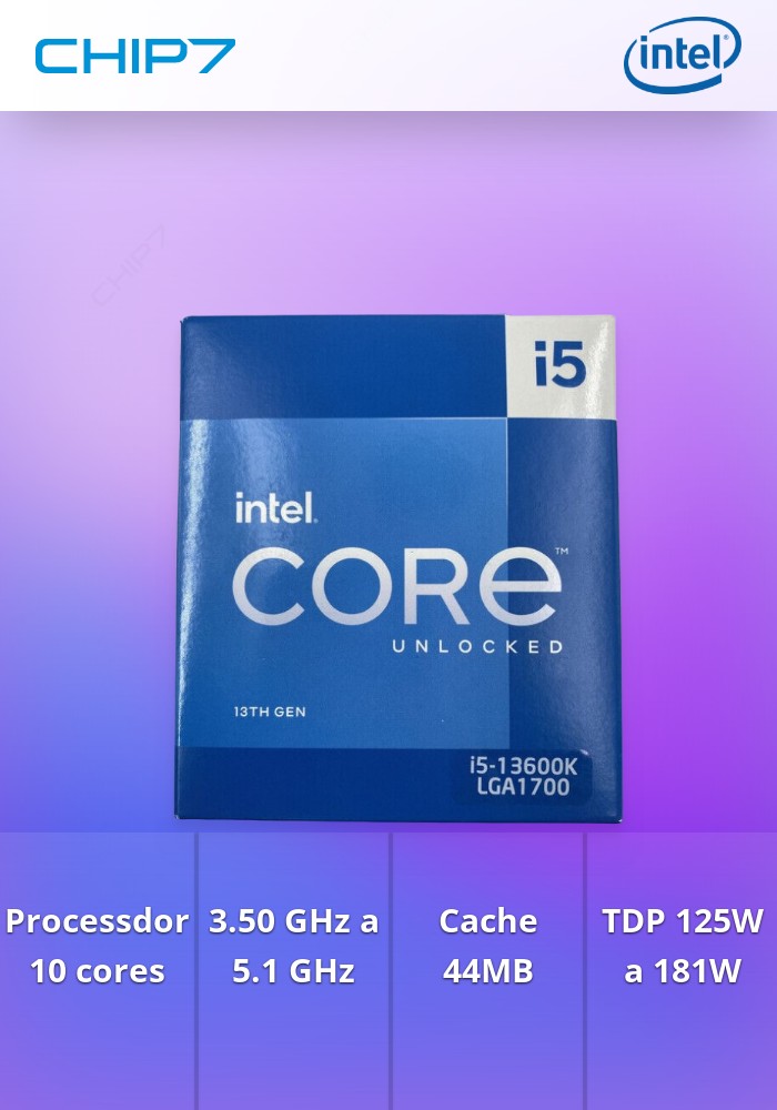 Processador intel® Core I5-13600K 10 Cores (6P+8E) Threads 20, 3.50Ghz até 5.1Ghz 44MB Cache Boxed FCLGA1700 125w/181w - Sem Cooler