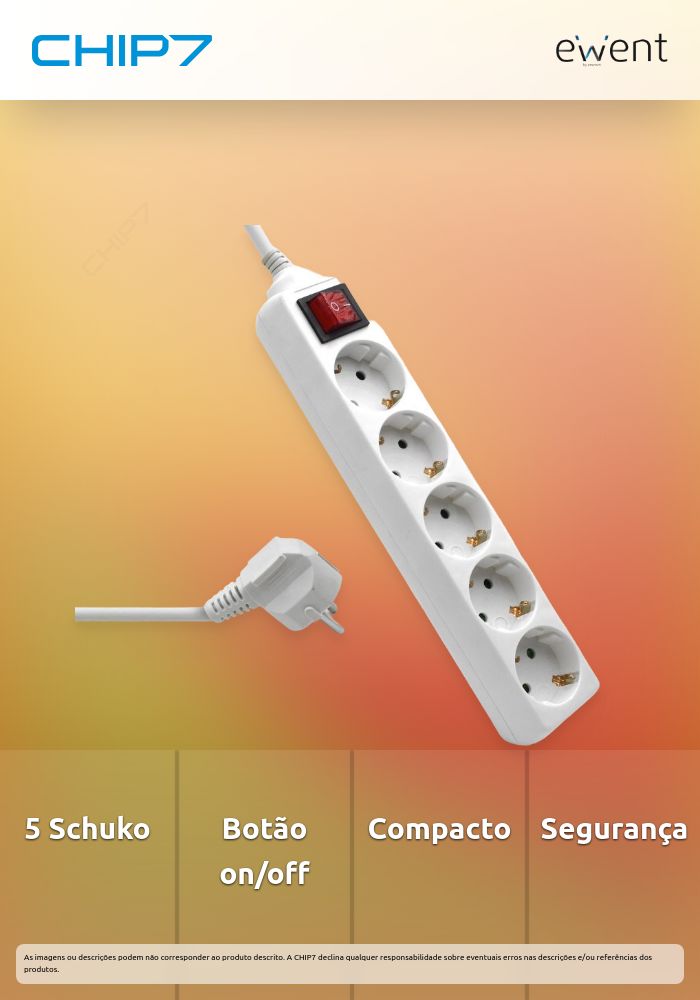 Régua Ewent EW3916 Power Strip 5 Tomadas Schuko 16A com Switch on/off Branca
