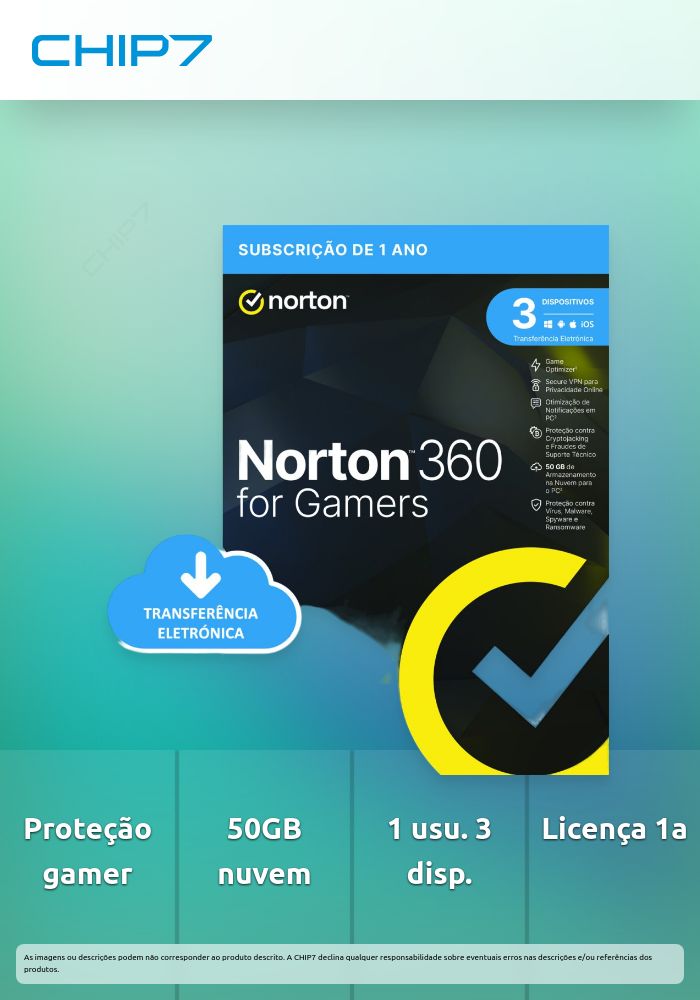 NORTON 360 FOR GAMERS ESD - 50GB PO, 1 Utilizador, 3 Dispositivos, licença de 12 Meses (1 ano)