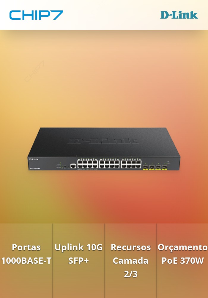 Switch D-Link 24 Portas Gigabit PoE Smart Managed com 4 Portas 10G SFP+ 370Watts
