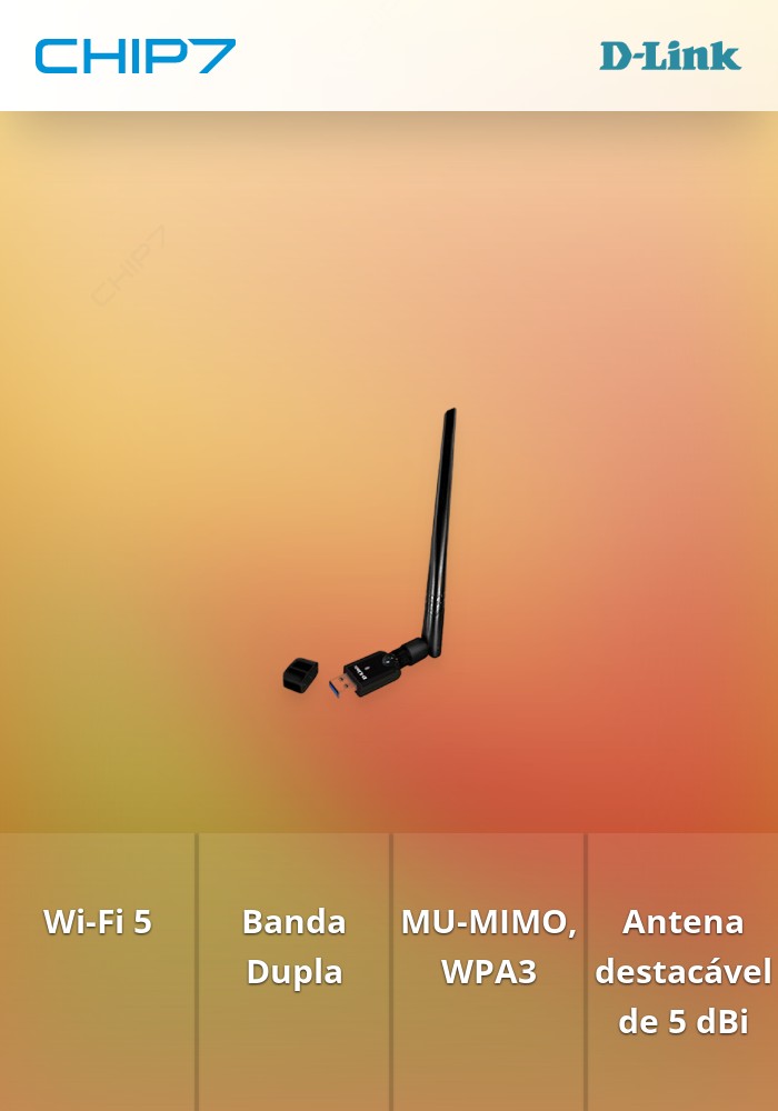 Placa de Rede D-Link Wireless AC1300 MU-MIMO Adaptador USB Separável Antena 5 dBi