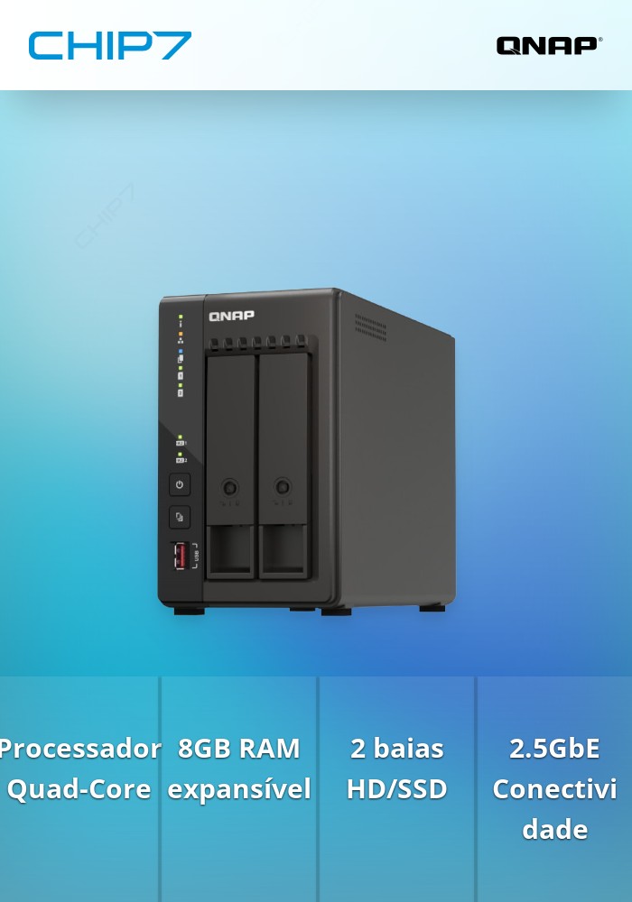 NAS QNAP 2 Baías Intel Celeron J6412 4C/4T 2.6GHz/8GB 2x2.5GbE/USB/Torre - TS-253E-8G