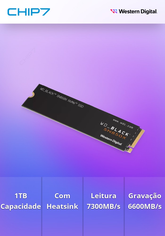 SSD M.2 2280 Western Digital Black SN850X 1TB c/ Heatsink 3D NAND NVMe