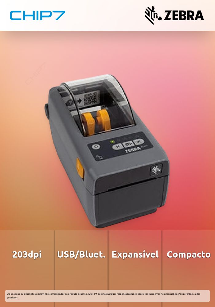 Zebra Impressora Térmica Direta ZD411; 203 dpi, USB, host USB, slot de conectividade modular, BTLE5, cabos UE/Reino Unido