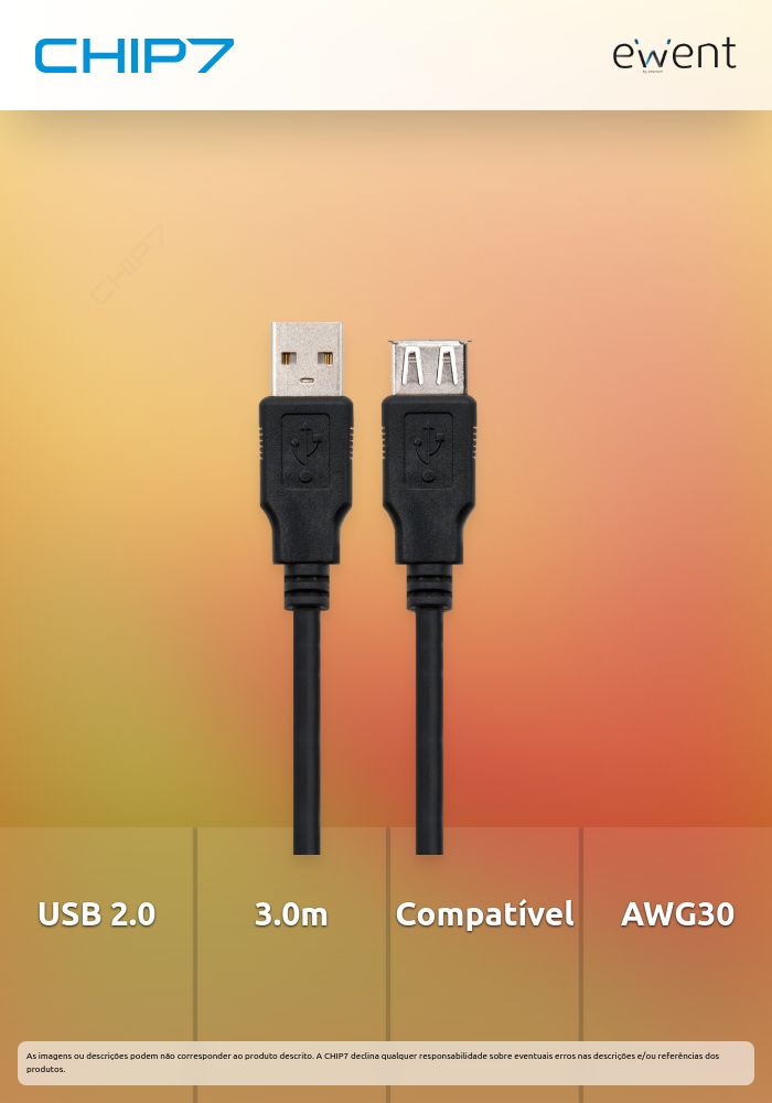 Cabo USB 2.0 Extension Cable A to A M/F, AWG30, 3.0 m