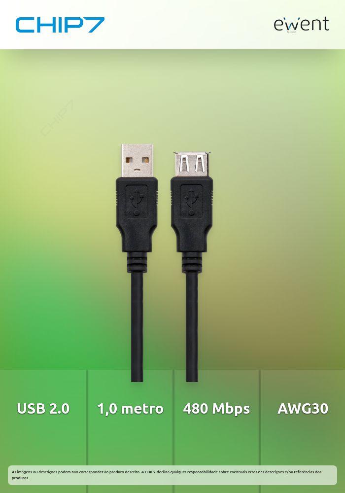 Cabo USB 2.0 Extension Cable A to A M/F, AWG30, 1.0 m