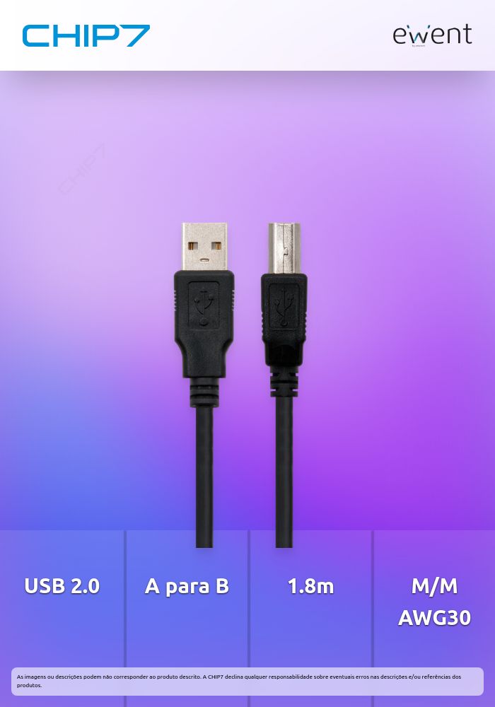 Cabo USB 2.0 A to B M/M, AWG30, 1.8 m