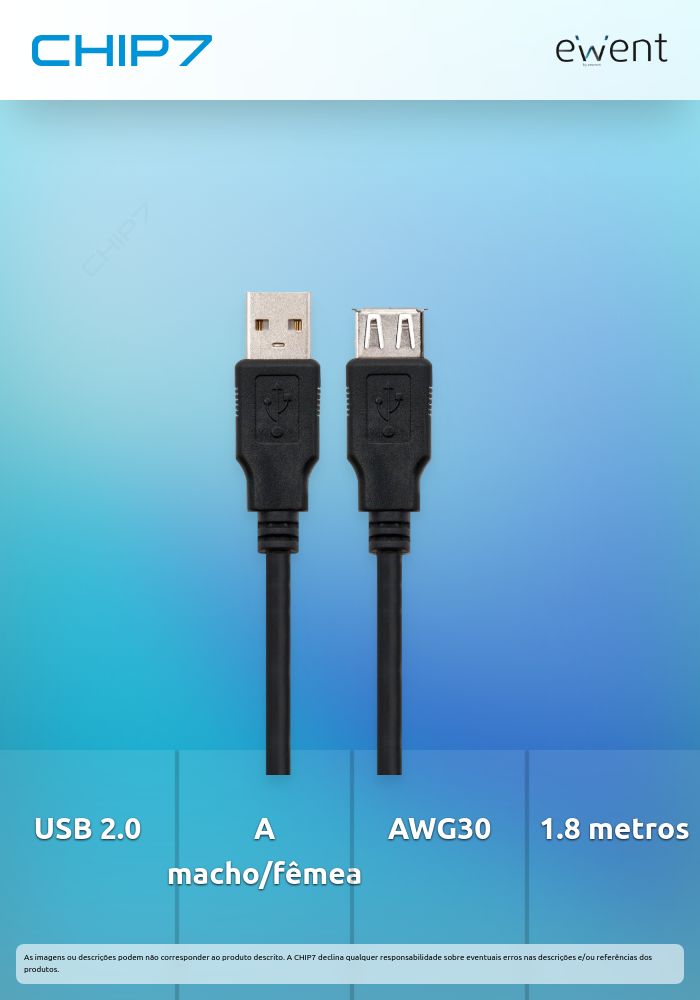 Cabo De Extensão Ewent USB 2.0 A para A M/F AWG30 1.8m