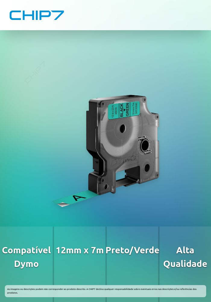 Fita Compatível Dymo D1 45019 - 12mm x 7 metros Preto/Verde S0720590