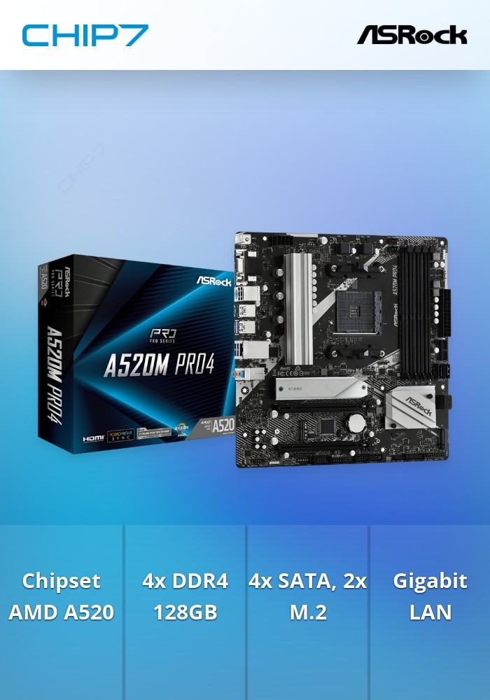 MOTHERBOARD ASROCK A520M PRO4, AMD AM4, 4XDDR4, 2XM.2, 4XSATA