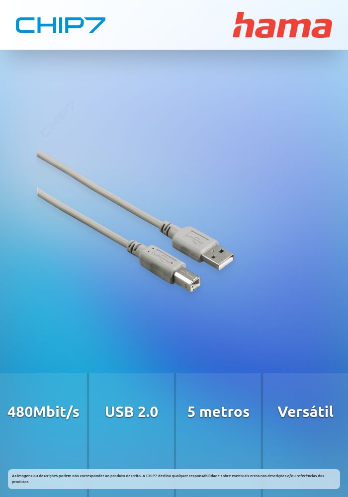 Cabo HAMA Conexão USB 2.0 A M/B M, 480 Mbit/s, 5,0 m